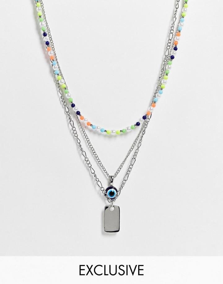Reclaimed Vintage Inspired Multirow Necklace With Eye And Tag Charms In Mixed Bead And Silver