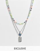 Reclaimed Vintage Inspired Multirow Necklace With Eye And Tag Charms In Mixed Bead And Silver