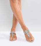 Asos Design Wide Fit Fairlight Leather Embellished Flat Sandals-silver