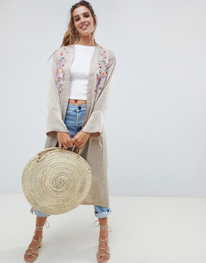 Qed London Floral Embroidered Maxi Kimono - Stone