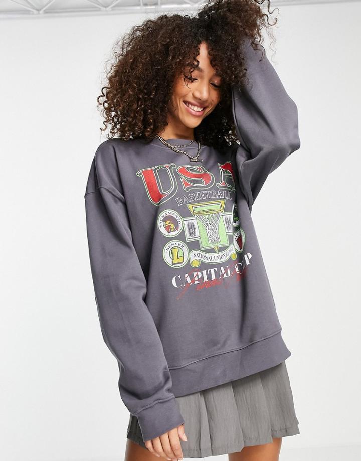 Topshop Usa Basketball Sweatshirt In Charcoal-grey