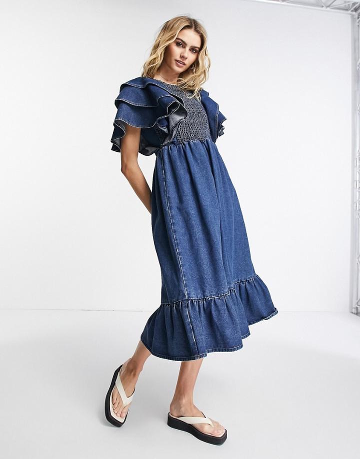 Lost Ink Shirred Detail Midaxi Denim Dress In Mid Wash Blue