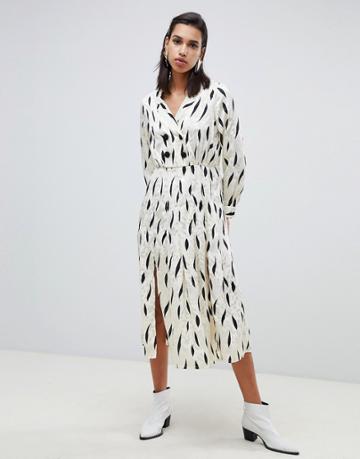 Asos Design Pleated Maxi Dress With Long Sleeves And Collar In Contemporary Print-multi