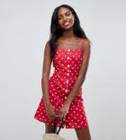 Asos Design Tall Polka Dot Button Through Linen Mini Sundress - Multi