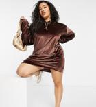 Fashionkilla Plus Exclusive Velour Oversized Pocket Hoodie Dress With Added Face Covering In Chocolate-brown