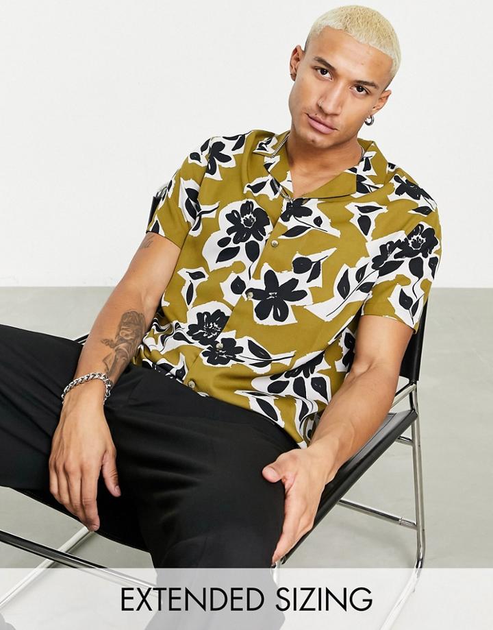 Asos Design Relaxed Revere Shirt In Khaki Floral Print-green