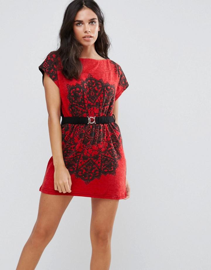 Pussycat London Printed Tunic Dress With Waist Belt - Red