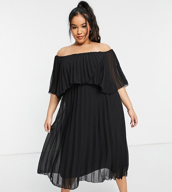 Asos Design Curve Pleated Bandeau Midi Dress With Double Layer In Black