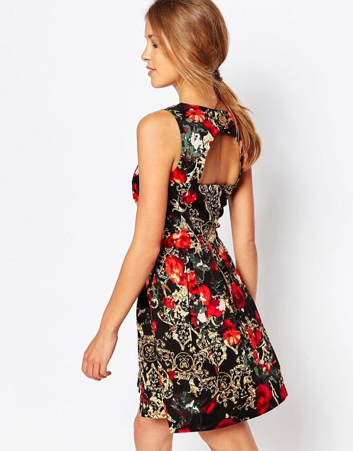 Closet Cut Out Back Dress In Rose Chain Print - Black