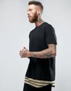 Asos Super Longline T-shirt With Stripe Hem Extender - Black