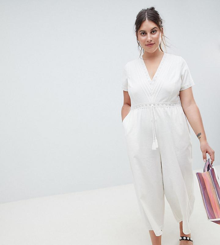 Asos Design Curve Cotton Embroidered Jumpsuit With Tassel Trim-cream
