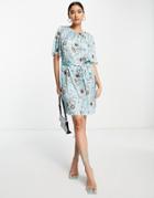 Vila Tie Front Mini Dress In Satin Blue Floral Print