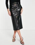 Asos Design Leather Look Button Front Midi Skirt In Black