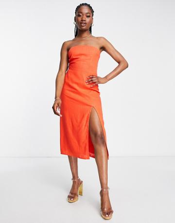 Sndys Linen Midi Dress With Thigh Split In Tangerine-orange