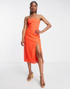 Sndys Linen Midi Dress With Thigh Split In Tangerine-orange