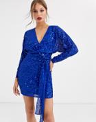 Asos Design Mini Dress With Batwing Sleeve And Wrap Waist In Scatter Sequin