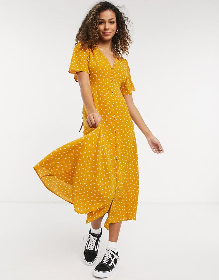 Asos Design Button Through Tie Back Midi Tea Dress With Angel Sleeve In Mustard Spot-multi