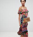 Asos Design Tall Off Shoulder Midi Sundress In Spliced Floral - Multi