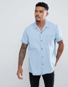 Asos Design Slim Fit Denim Shirt With Revere Collar In Mid Wash - Blue
