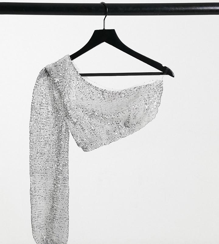 Club L London Petite Sequin One Shoulder Crop Top In Silver