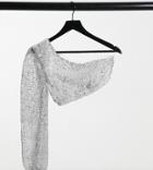 Club L London Petite Sequin One Shoulder Crop Top In Silver