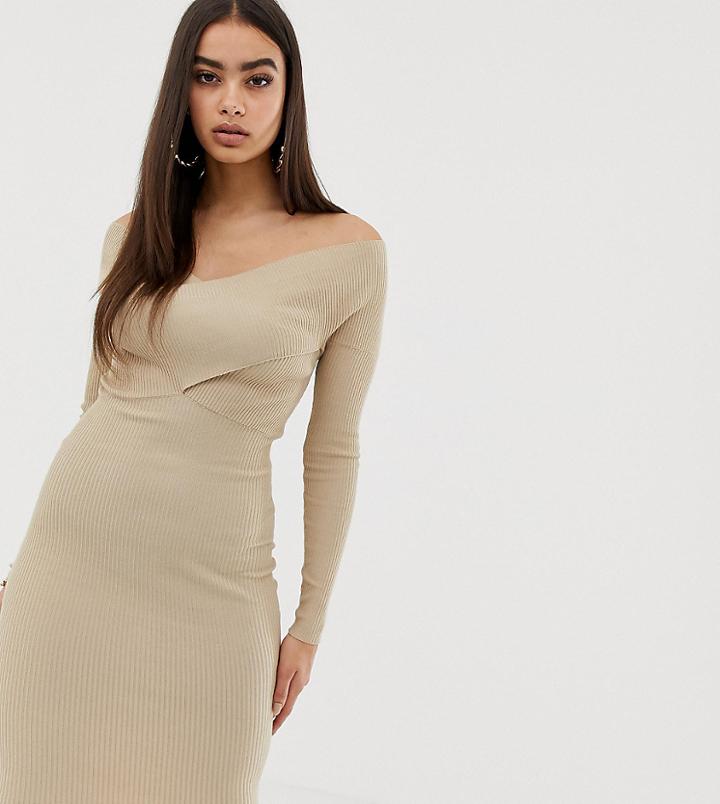 Missguided Off The Shoulder Cross Front Ribbed Midi Dress In Camel - Multi