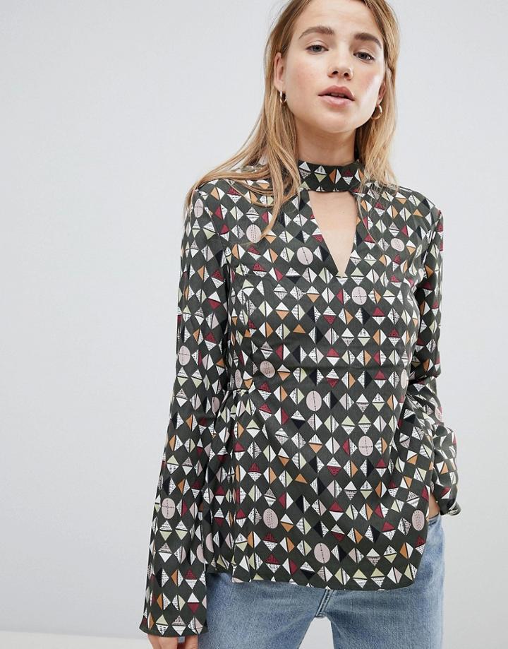 Rage Geo Print V-front Blouse - Green