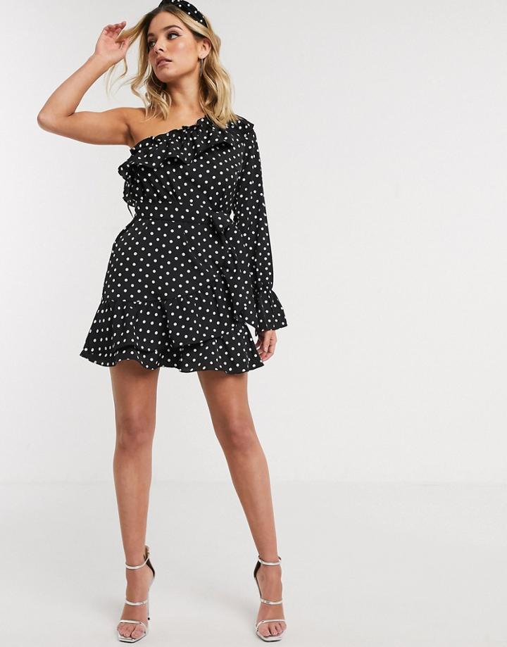 Femme Luxe One Shoulder Tie Waist Polka Print Dress In Black-multi