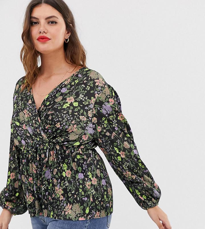 Asos Design Curve Plisse Assymetric Wrap Top In Dark Floral Print-multi