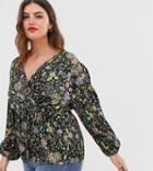 Asos Design Curve Plisse Assymetric Wrap Top In Dark Floral Print-multi