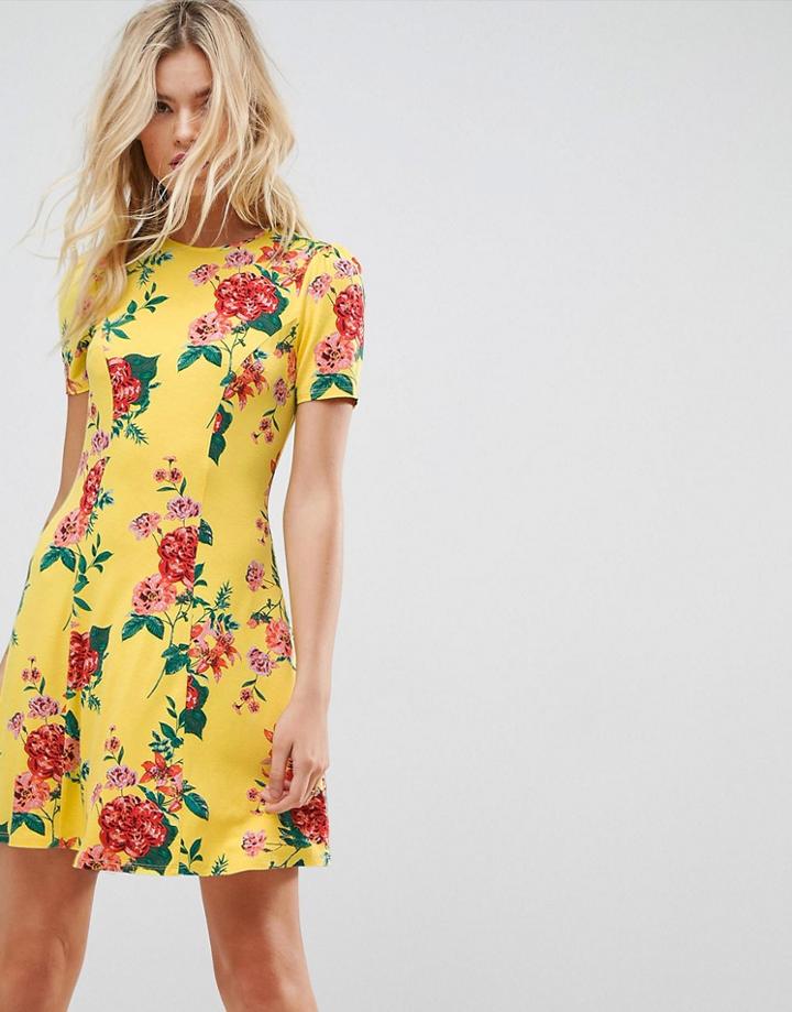 Asos Mini Tea Dress In Yellow Floral Print - Multi