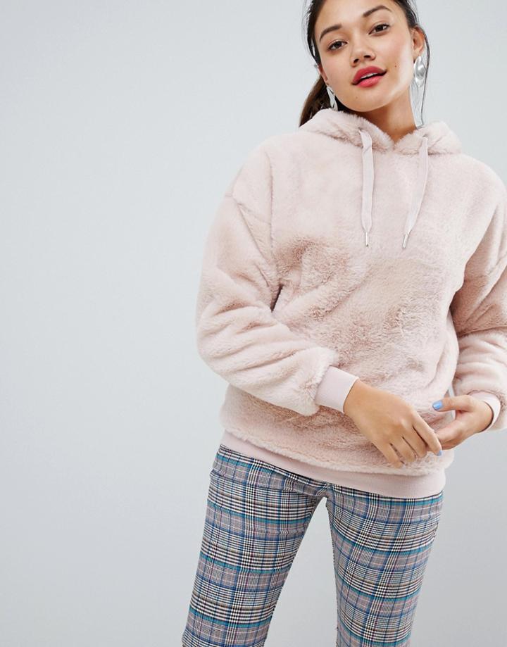 New Look Faux Fur Hoody In Pink - Pink
