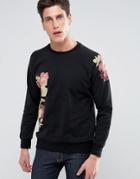 Threadbare Printed Roses Crew Neck Sweat - Black