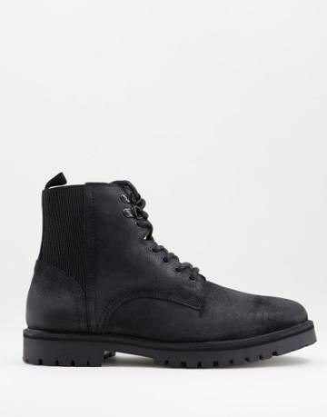 Silver Street Casual Lace Up Boots In Black Leather