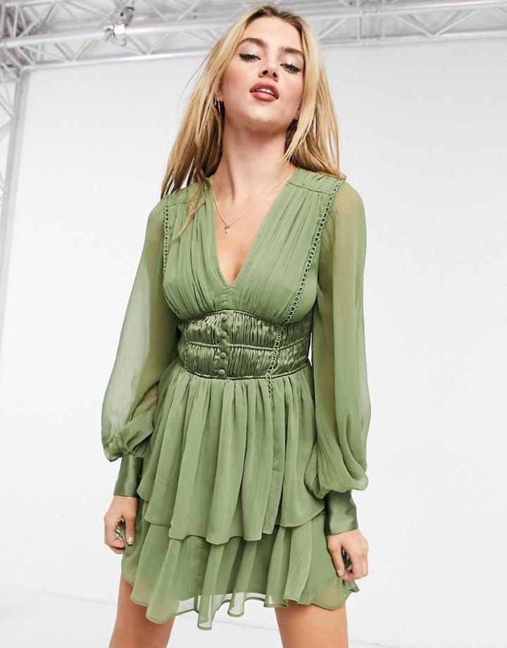 Asos Design Button Bodice Mini Dress With Ruching Detail And Skirt Slits In Khaki-green