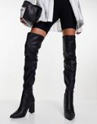 Truffle Collection Leather Look Thigh High Heeled Boots In Black