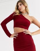 Aym Premium One Shoulder Long Sleeve Crop Top Coord In Berry-red