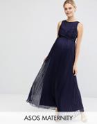 Asos Maternity Wedding Pleated Maxi Dress With Ruched Detail - Blue