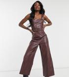 Asos Design Tall Pu Square Neck Belted Jumpsuit In Brown
