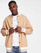 Asos Design Oversized Jersey Bomber Jacket With Tipping In Beige-neutral