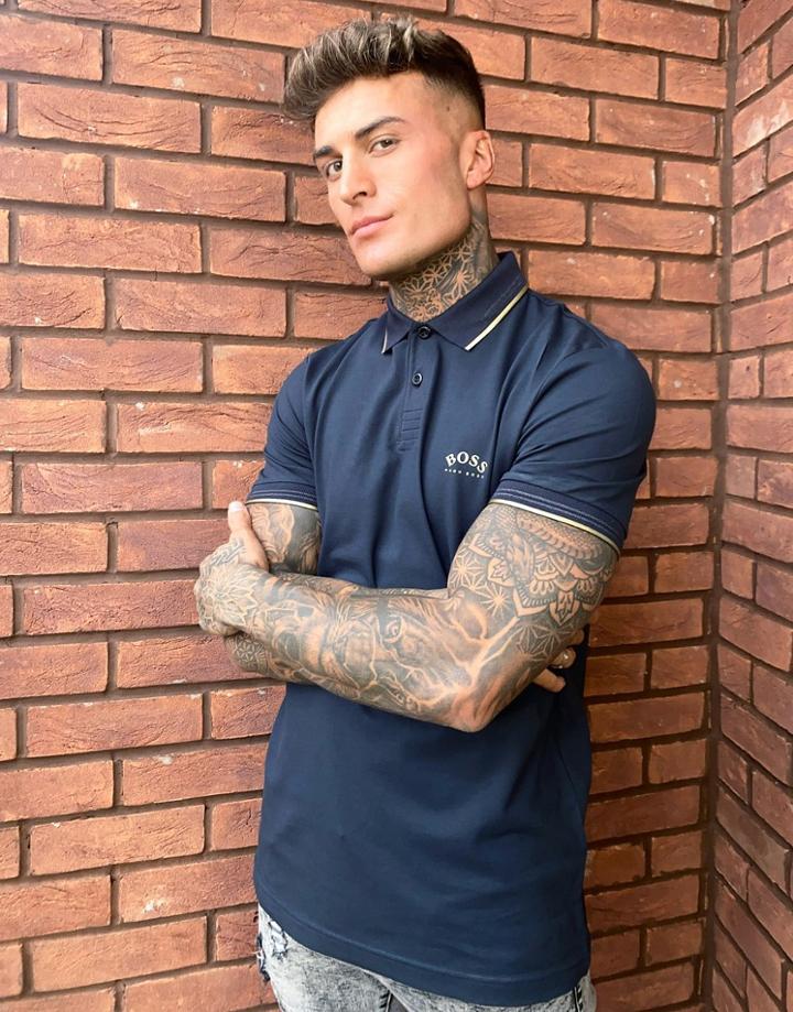 Boss Athleisure Paul Curved Slim Fit Tipped Polo In Navy/ Gold