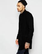 Asos Longline Shirt With Pockets In Linen Mix And Long Sleeve - Black