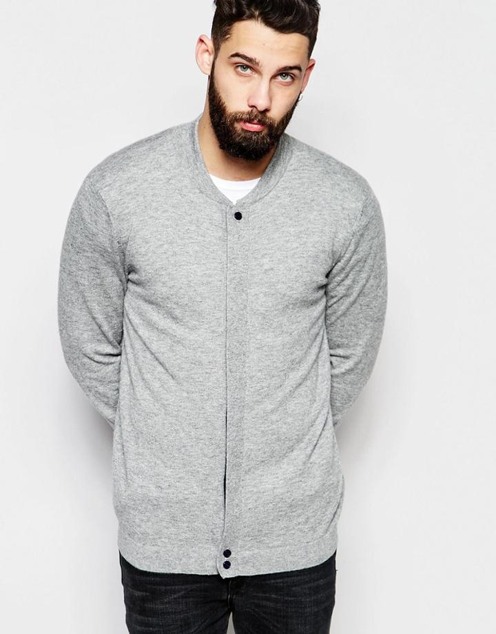 Asos Merino Wool Mix Bomber Cardigan With Hidden Placket - Gray
