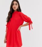 Asos Design Tall Pleated Trapeze Mini Dress With Tie Sleeves - Red