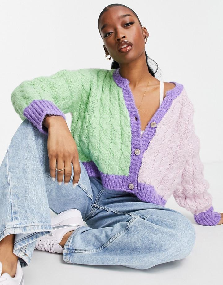 Topshop Knit Ribbed Color Block Cardi In Multi