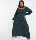 Asos Design Curve Square Ruched Neck Midi Dress In Green Spot-multi