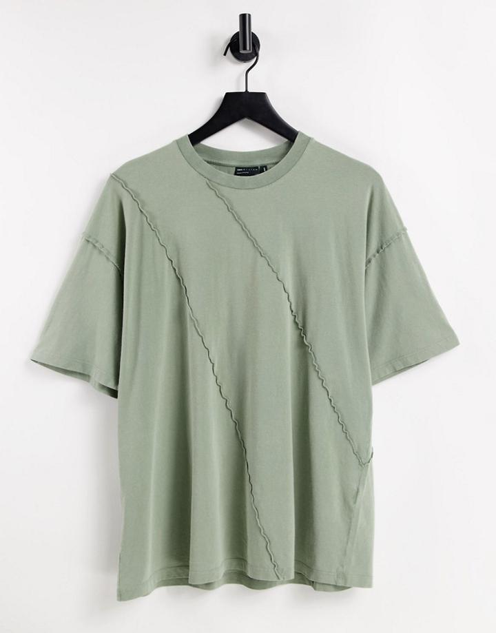 Asos Design Oversized T-shirt With Exposed Seam Detail In Khaki-green