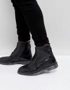 Asos Brogue Boots In Black Leather With Ribbed Sole - Black