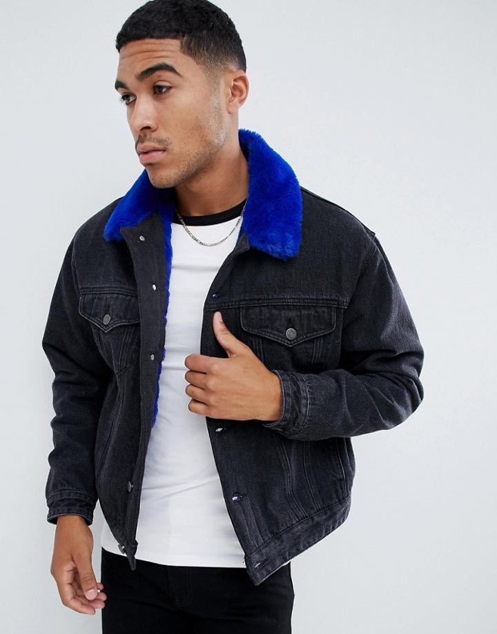 Asos Design Faux Fur Lined Oversized Denim Jacket In Black - Black