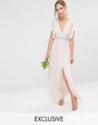 Tfnc Wedding Fluted Sleeve Embellished Waist Maxi Dress - Peach Blush